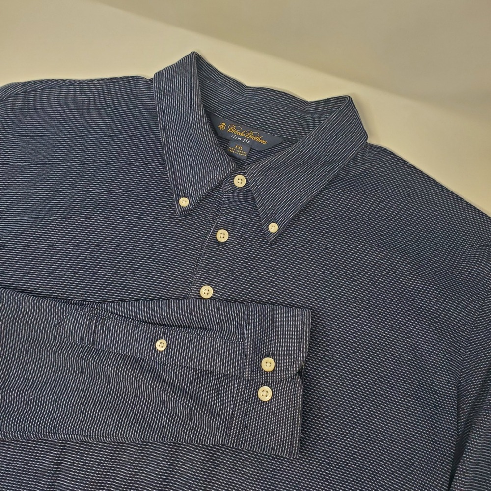 Brooks Brothers Polo Shirt Mens XXL Navy Blue Long Sleeve Slim Fit Micro Stripe